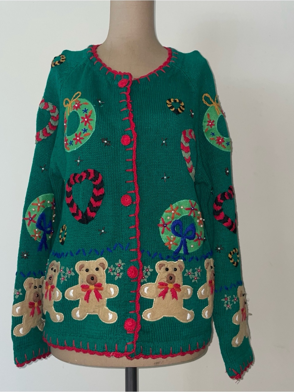 Designers Originals Green Holiday Teddy Bear Knit Cardigan with Red Trim